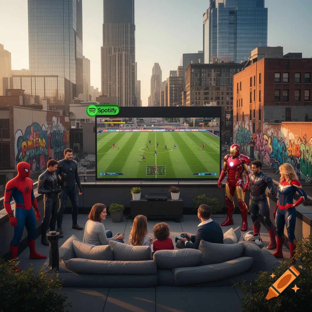 Marvel heroes and a family watch a soccer game on a large screen on a city rooftop.