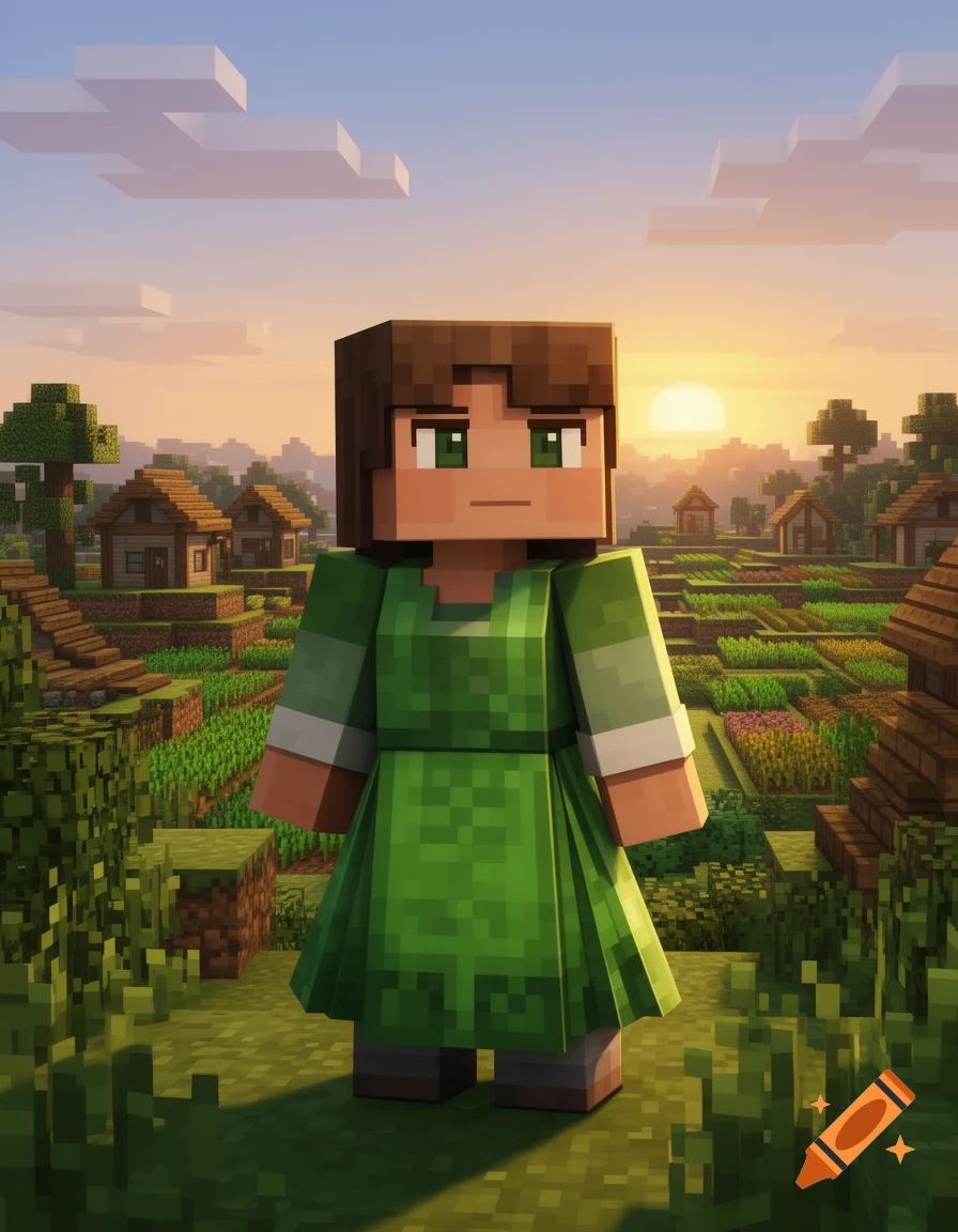 A Minecraft-style girl in a green dress stands in a village with fields and houses at sunset, rendered in blocky pixel art.