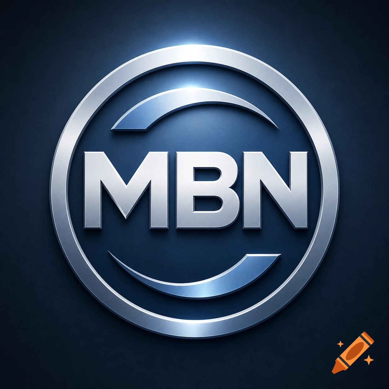 A shiny, silver and blue metallic logo for MBN, set against a dark blue background.