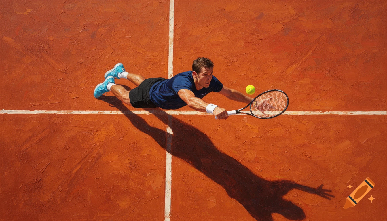 High-angle oil painting of a male tennis player diving on a clay court to hit a tennis ball with his racket, casting a long shadow.