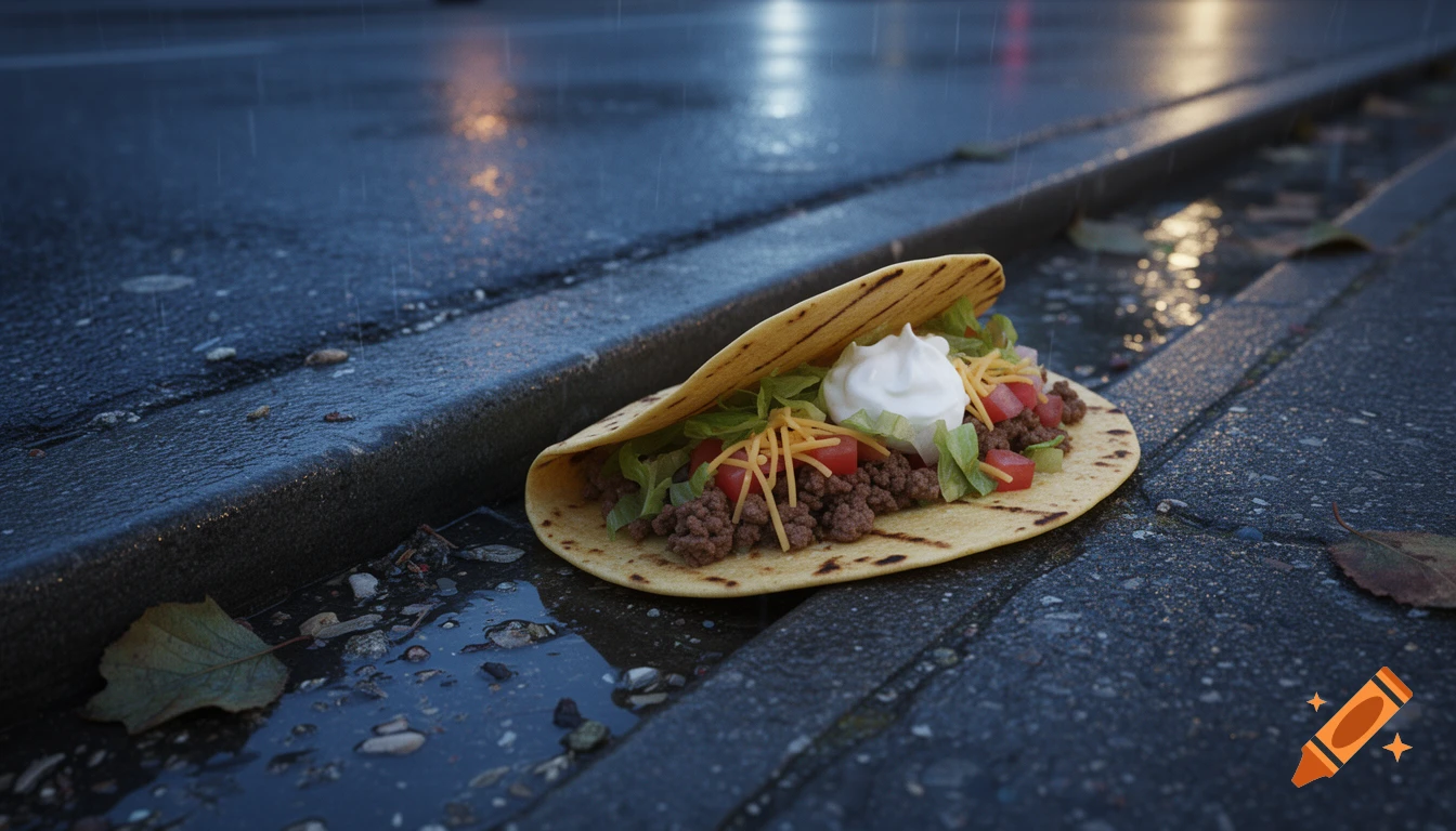Photorealistic taco filled with meat, cheese, lettuce, and sour cream, lying in a wet street gutter in the rain.