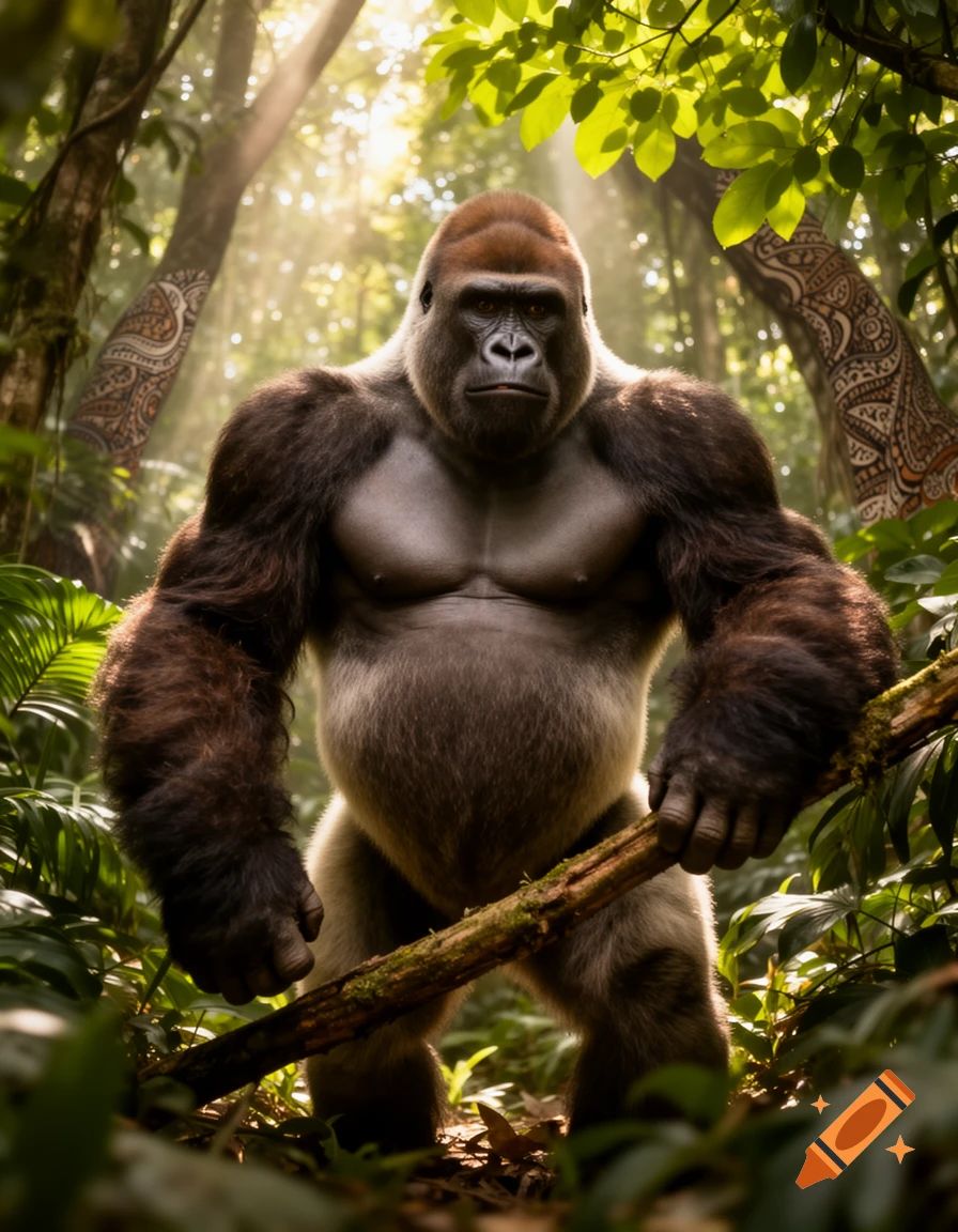 A powerful, muscular gorilla stands in a sunlit jungle, holding a tree branch, with patterned trees in the background.