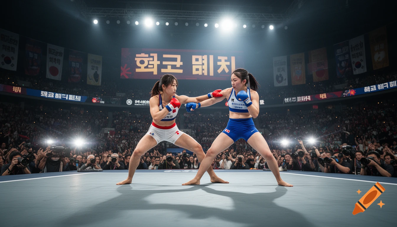 Two female fighters in a boxing ring, one in white shorts and red gloves, the other in blue shorts and blue gloves, exchanging punches in a brightly lit arena filled with spectators.