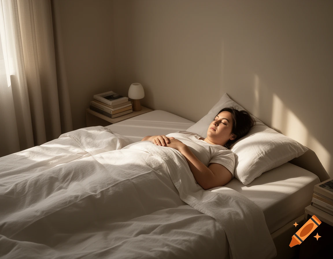 A woman sleeps peacefully in a sunlit bed with white linens, next to a nightstand with books and a lamp.