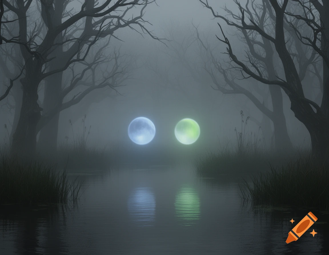 Two glowing spirit orbs, one blue and one green, float above a dark, misty bog surrounded by silhouetted bare trees.