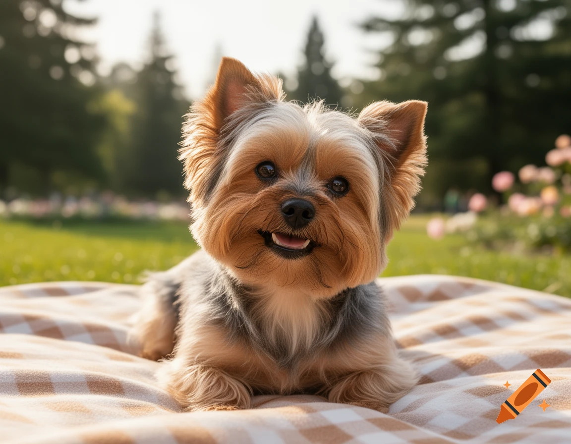 A cute shorkie dog with brown and grey fur smiles while lying on a beige and white plaid picnic blanket in a sunny park.