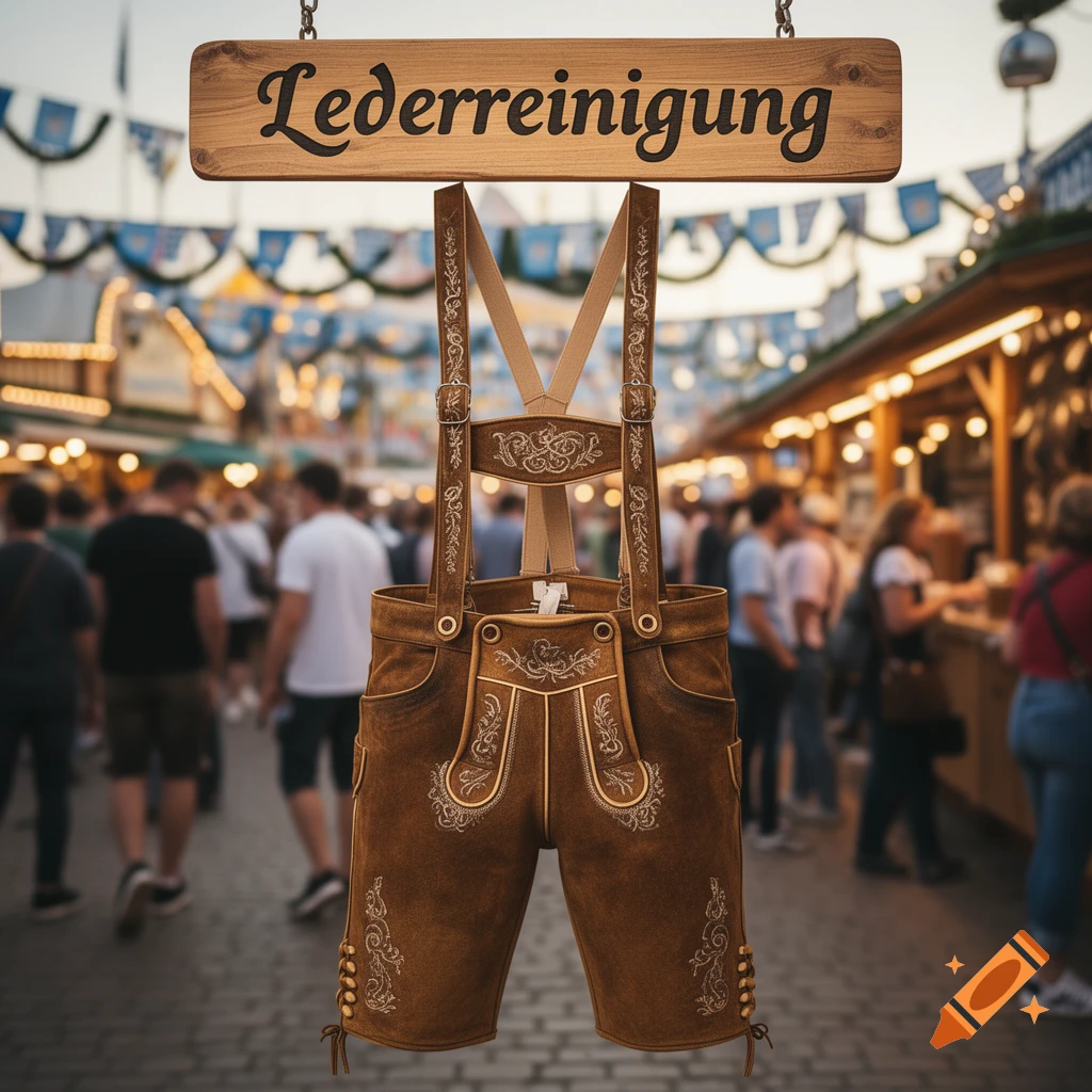 A traditional brown Lederhose with embroidery hangs below a wooden 'Lederreinigung' sign at an Oktoberfest festival.