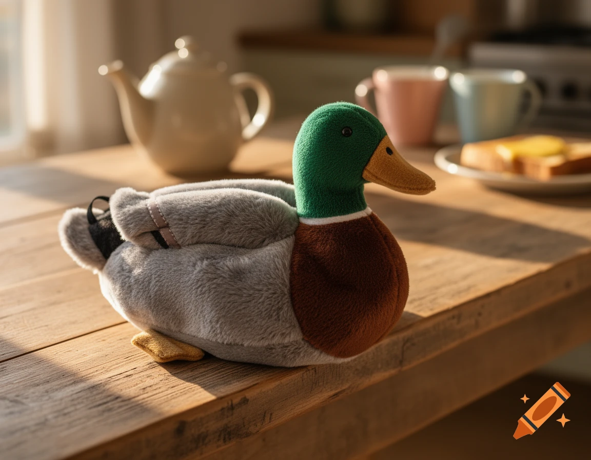 A plush mallard duck sits on a wooden kitchen table with breakfast items in the blurred background, bathed in warm morning light.