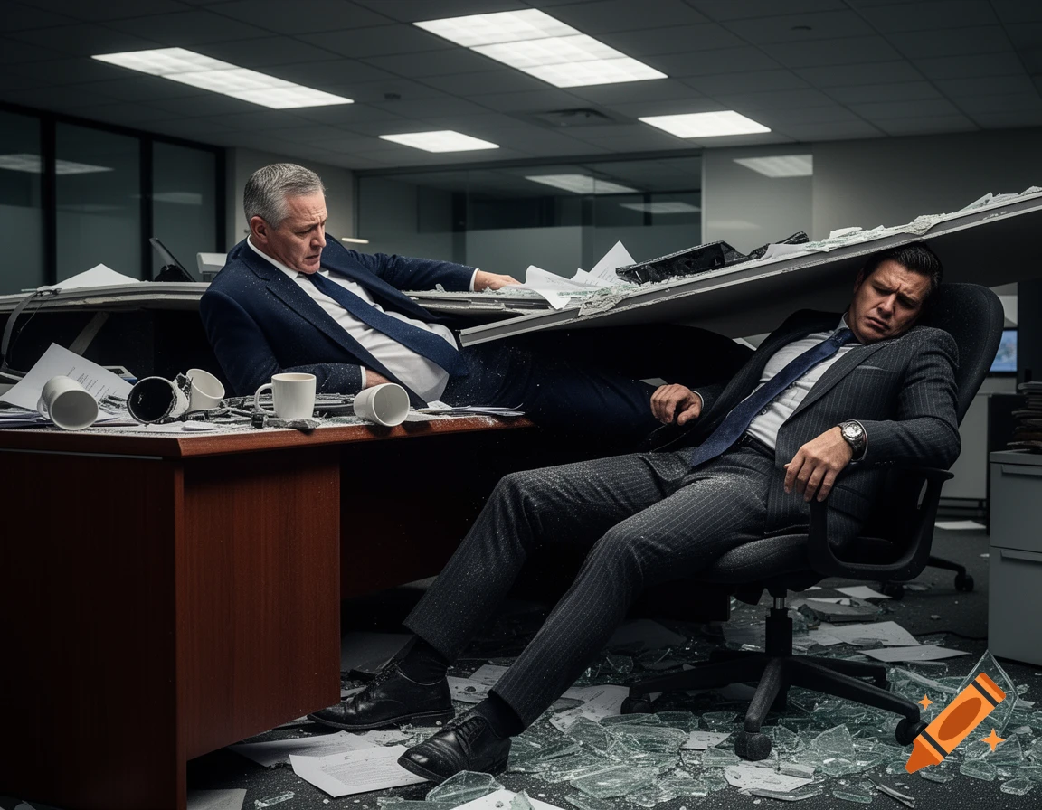 Two businessmen with sad-mad expressions are pinned under a collapsed ceiling in a debris-strewn office, surrounded by shattered glass, in a photorealistic style.