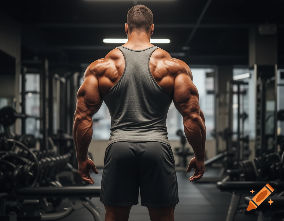 Rear view of a highly muscular man in a tank top and shorts, standing in a gym.