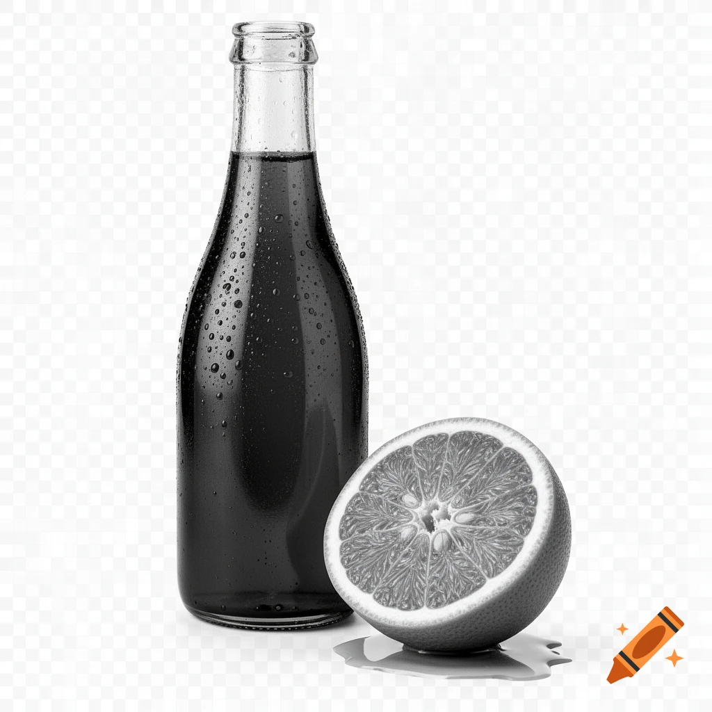 A photorealistic black and white image of a cold juice bottle with water droplets next to a sliced orange, all on a transparent background.