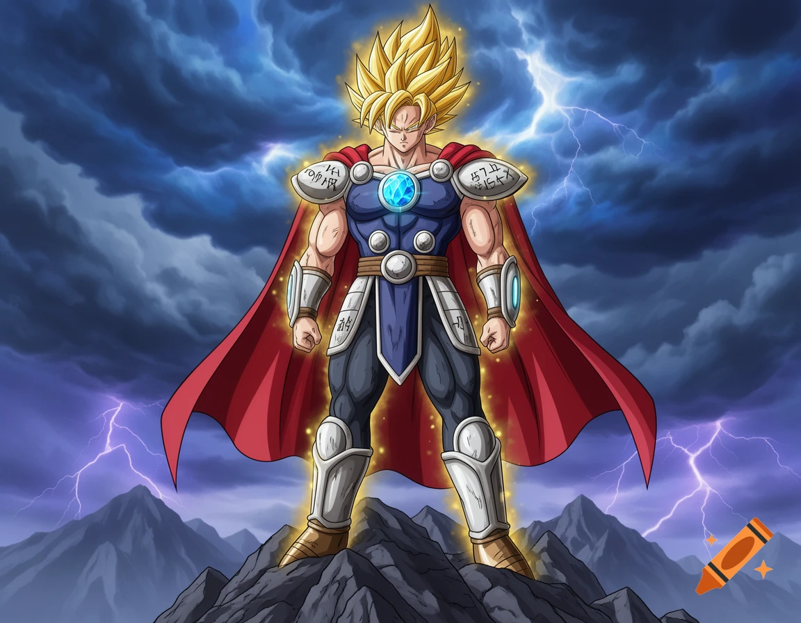 Anime-style Super Saiyan Goku wearing Thor's armor, standing on a rocky mountain under a stormy sky with lightning.
