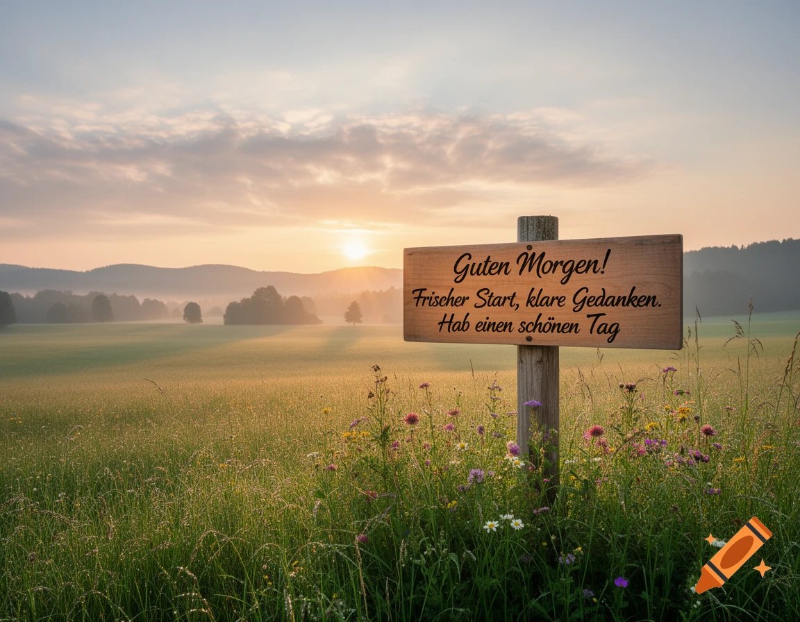 A misty field at sunrise with a wooden sign reading 'Guten Morgen! Frischer Start, klare Gedanken. Hab einen schönen Tag'.