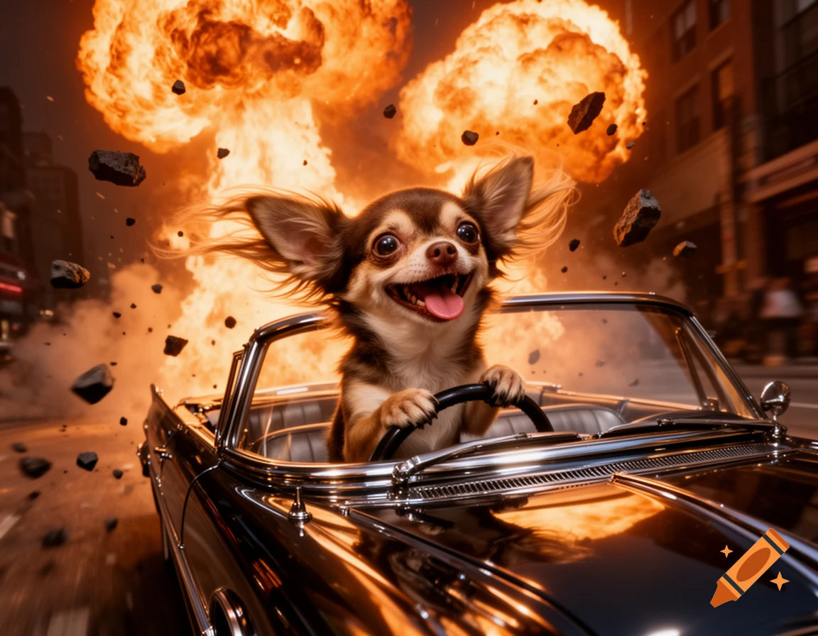 A happy chihuahua drives a convertible car through a city street with large explosions in the background and debris flying.