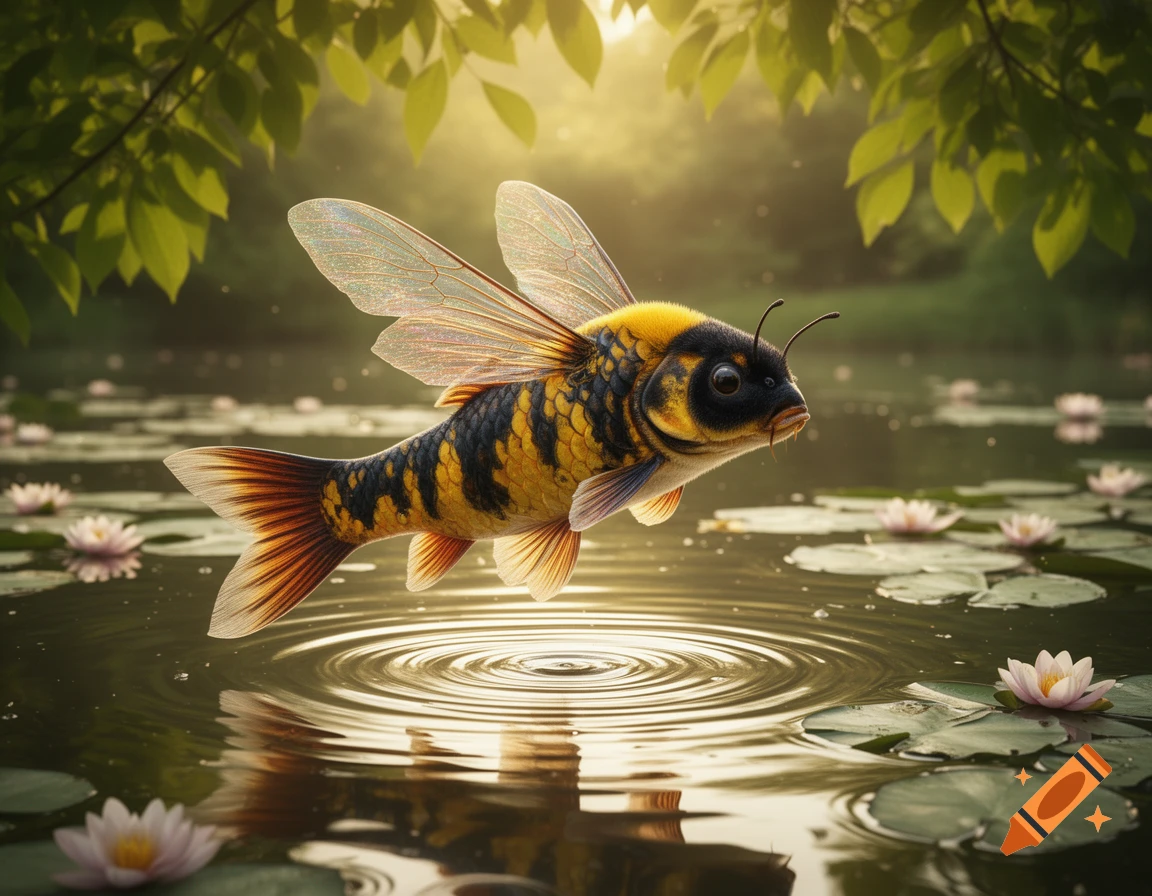Hyperrealistic fuzzy bumblebee-koi fish hybrid with iridescent wings leaping from a pond with lily pads under dappled sunlight.