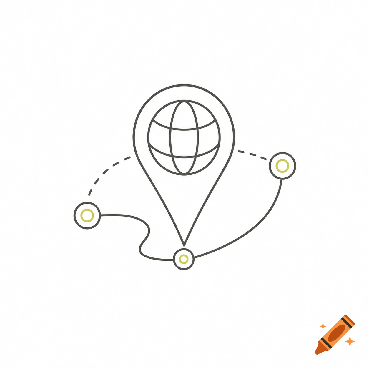 Minimalist line art icon of a location pin with a globe and a curved route connecting destination markers.