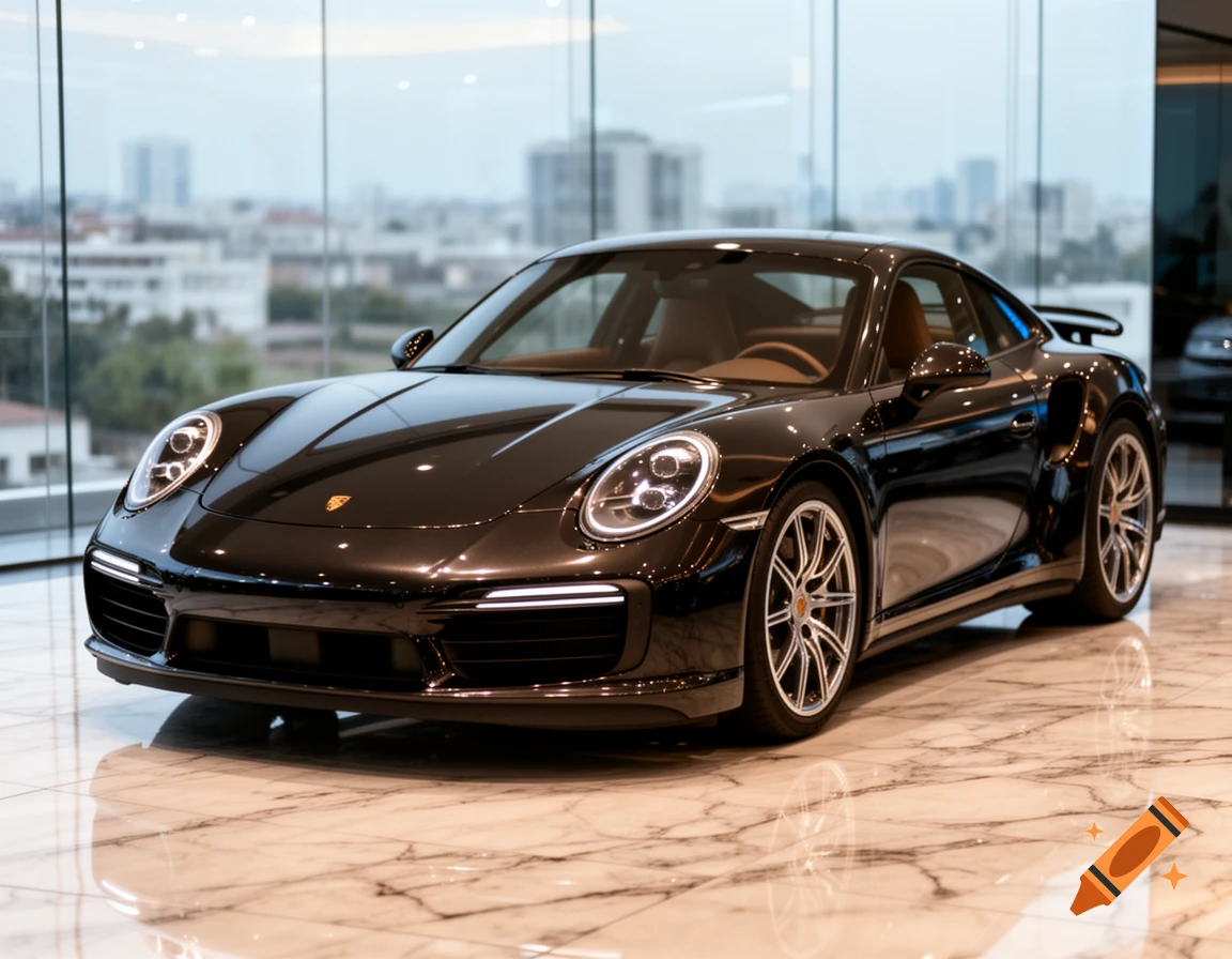 A shiny black Porsche sports car sits on a polished marble floor in a bright showroom, with a city skyline visible through glass walls.