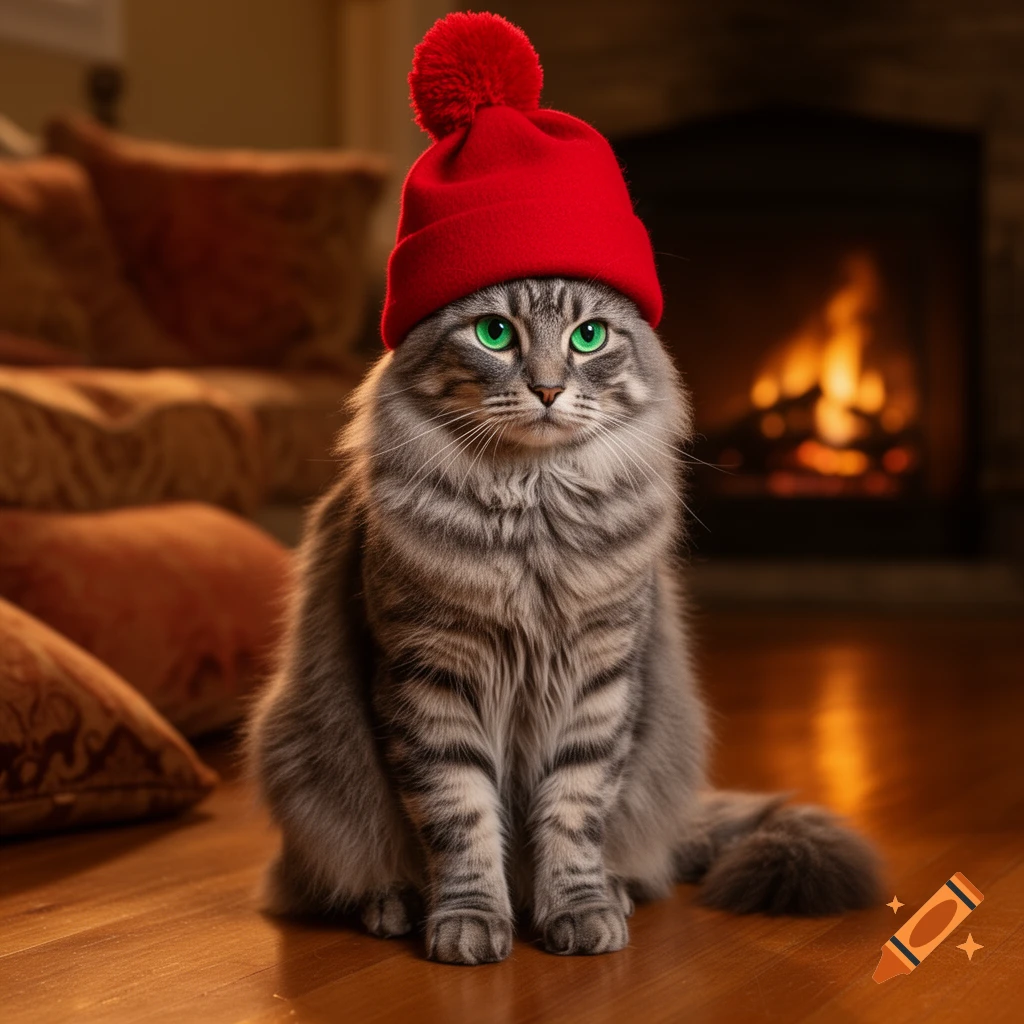 A fluffy grey tabby cat with bright green eyes wears a red knitted pompom hat, sitting on a wooden floor in front of a fireplace.
