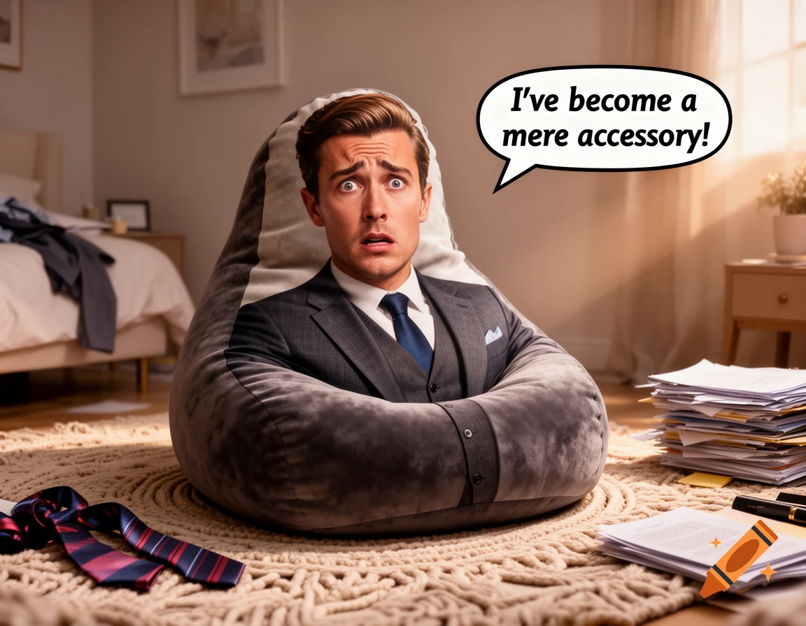 A man's horrified head emerges from a suit-patterned beanbag chair in a bedroom, with a speech bubble saying 'I've become a mere accessory!'.