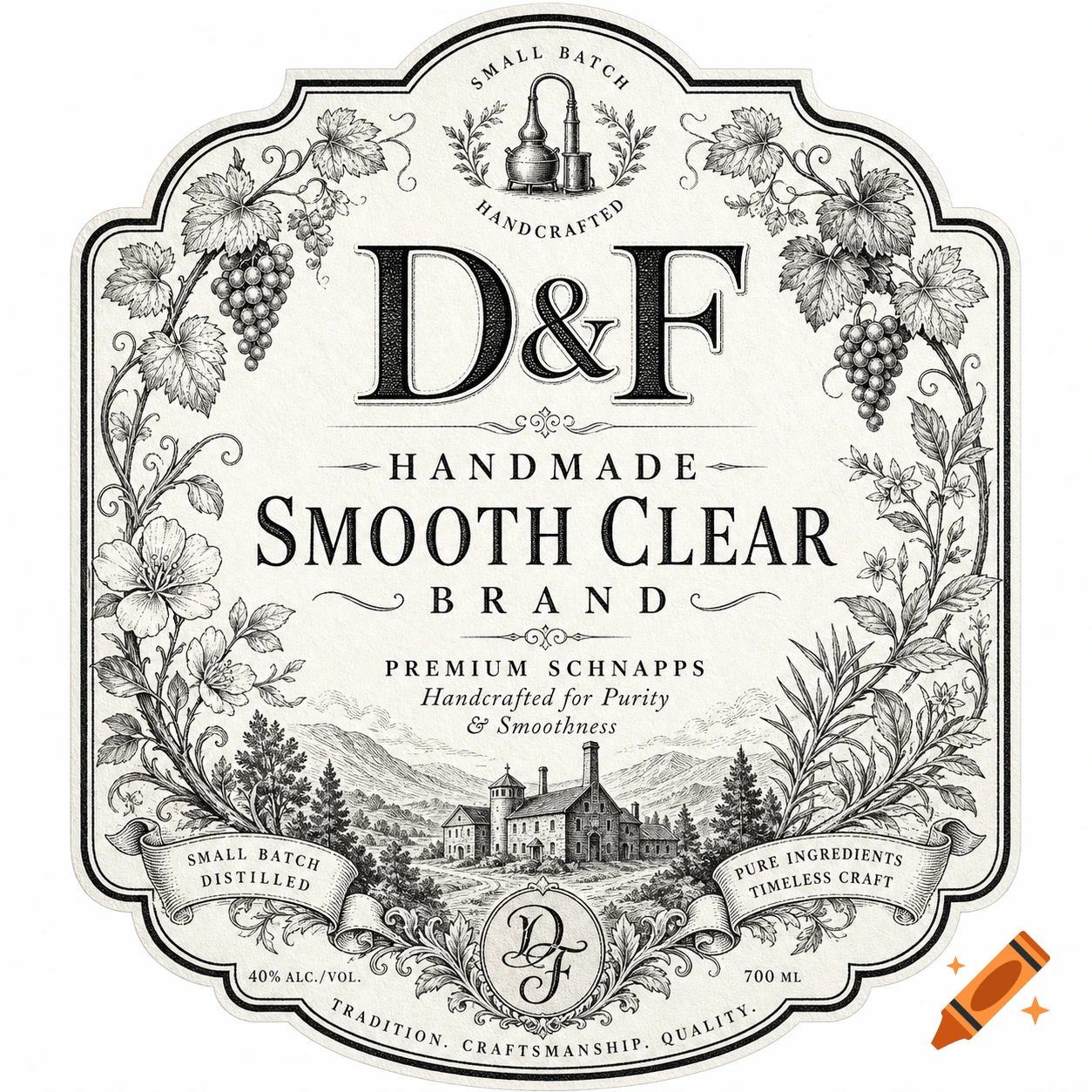 A vintage-style black and white label for D&F Handmade Smooth Clear Brand Premium Schnapps, featuring botanical and landscape illustrations.
