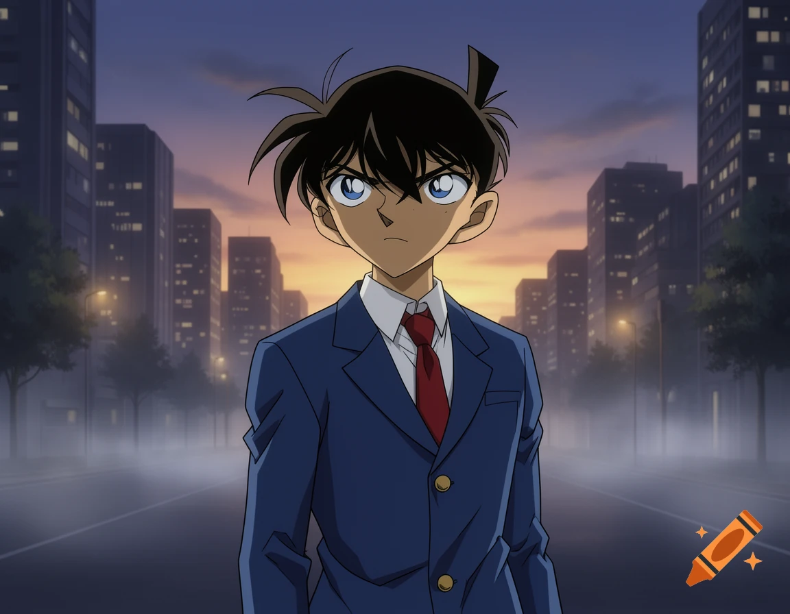 Anime boy, Shinichi Kudo, in a blue suit and red tie stands on a foggy city street at dusk.
