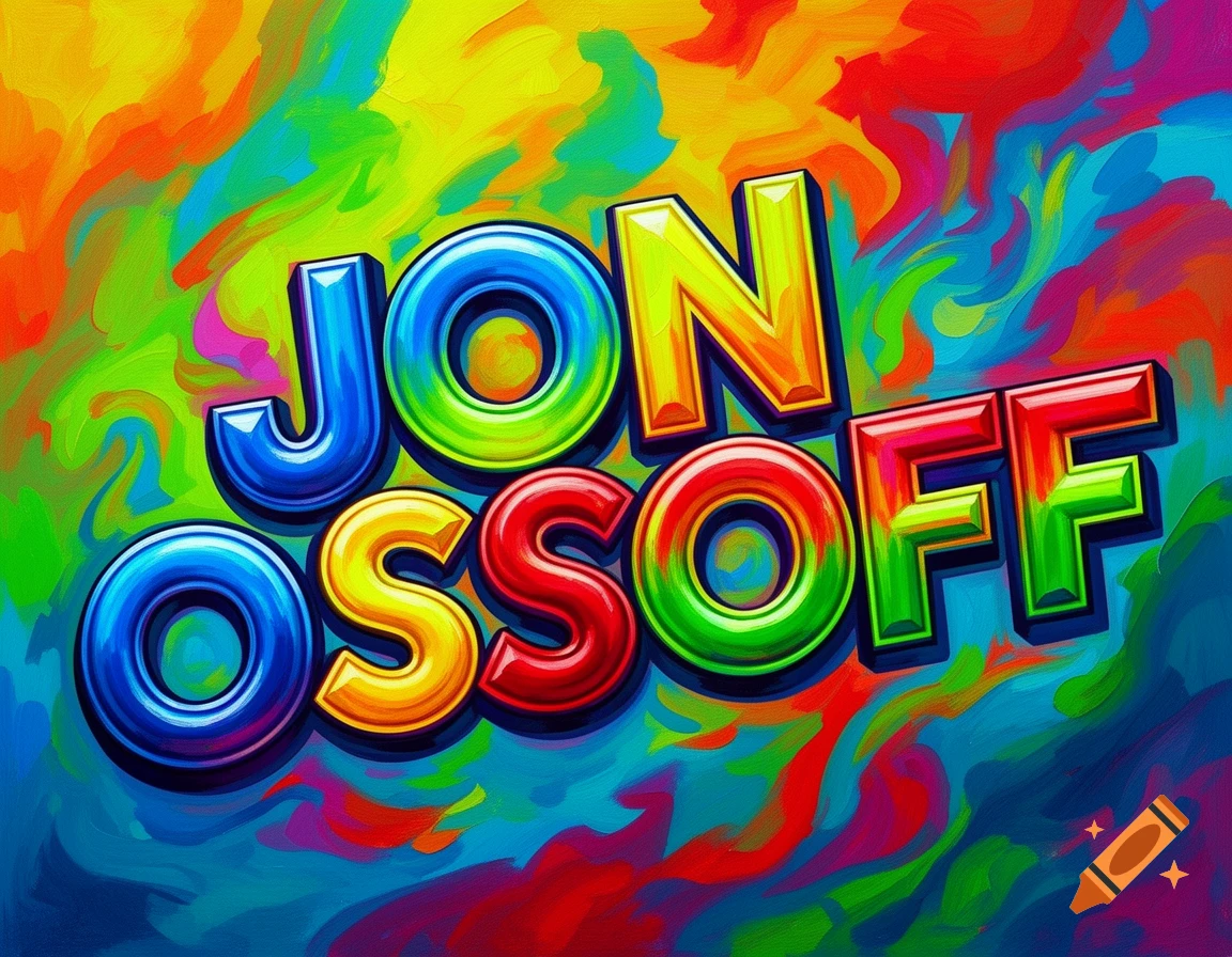 Bold, glossy 3D letters spell "JON OSSOFF" in vibrant blue, green, yellow, and red, set against a colorful, abstract, painterly background.