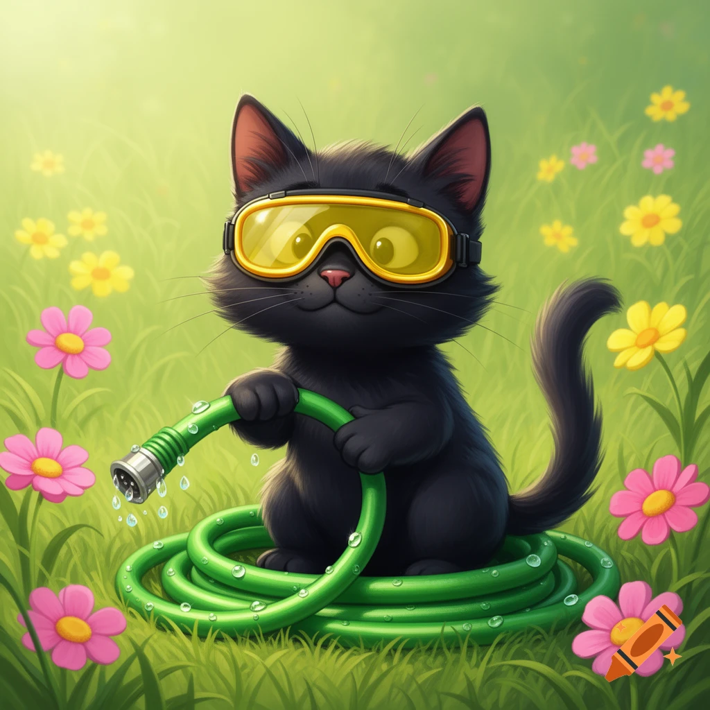 A cute cartoon black cat wearing yellow safety goggles sits on a coiled green hose, holding the nozzle that drips water, in a field of colorful flowers.