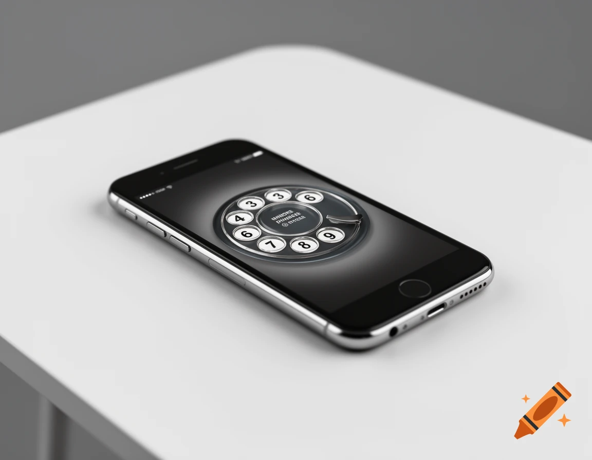 A close-up, photorealistic shot of a black iPhone lying on a white table, displaying a retro rotary dial interface on its screen.