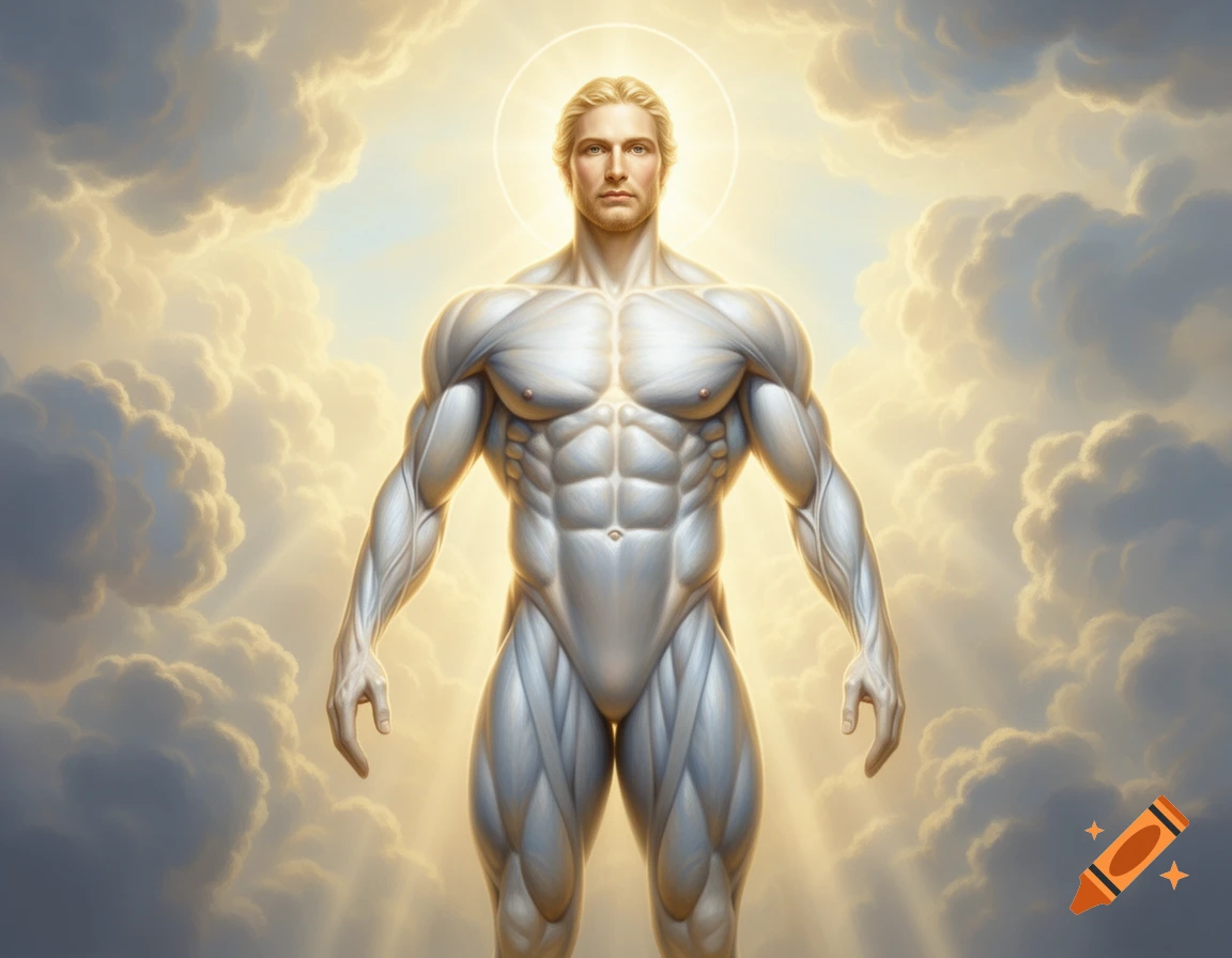 A highly muscular man with blonde hair and a glowing halo stands in a bright, cloudy sky with light rays.