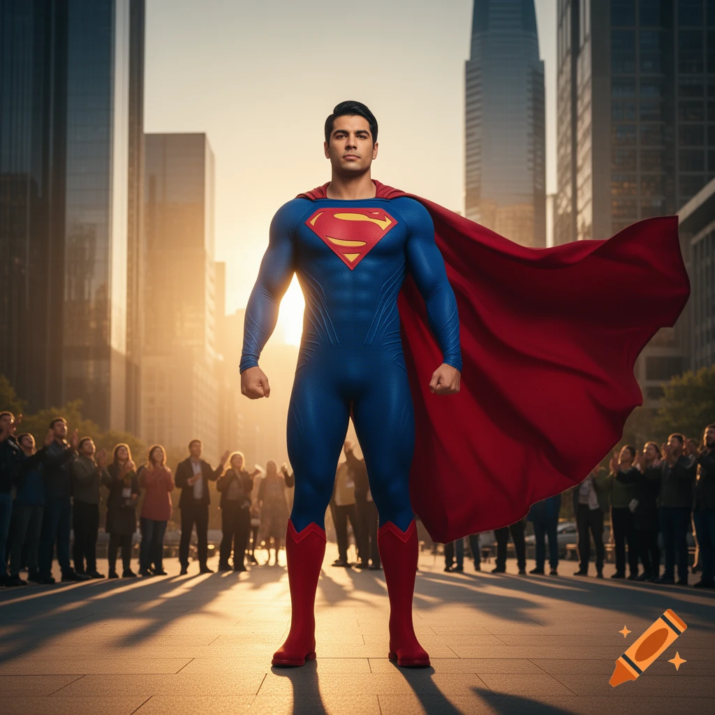 Superman in his blue suit and red cape stands in a city street at sunset, a crowd gathered behind him. Photorealistic.
