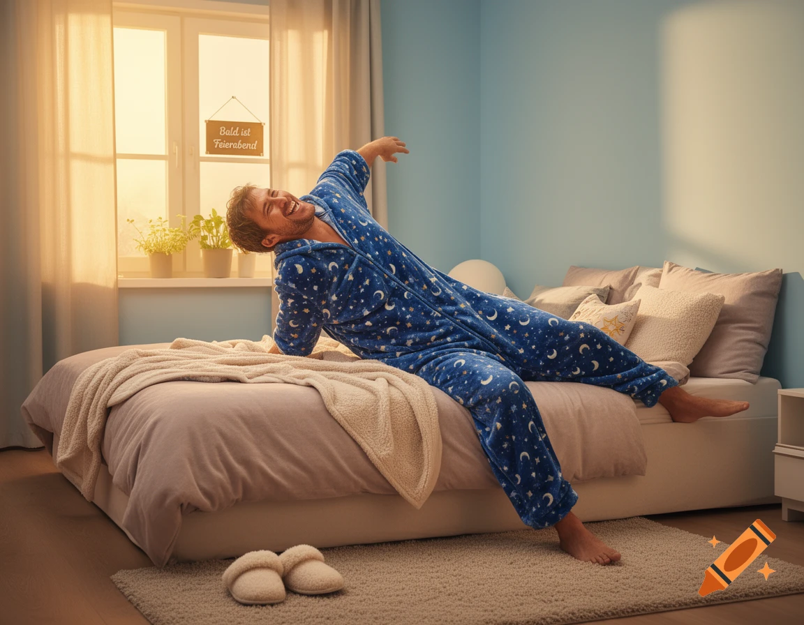 A smiling man in a blue star-patterned pajama onesie stretches on a bed in a sunlit bedroom with a sign reading "Bald ist Feierabend".