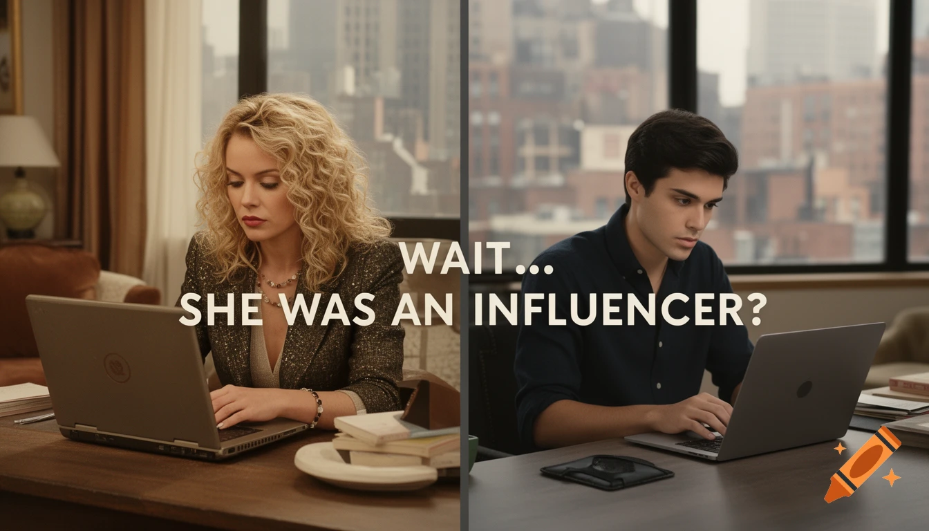 A split image of a woman and a man working on laptops, with overlay text "WAIT ... SHE WAS AN INFLUENCER?".