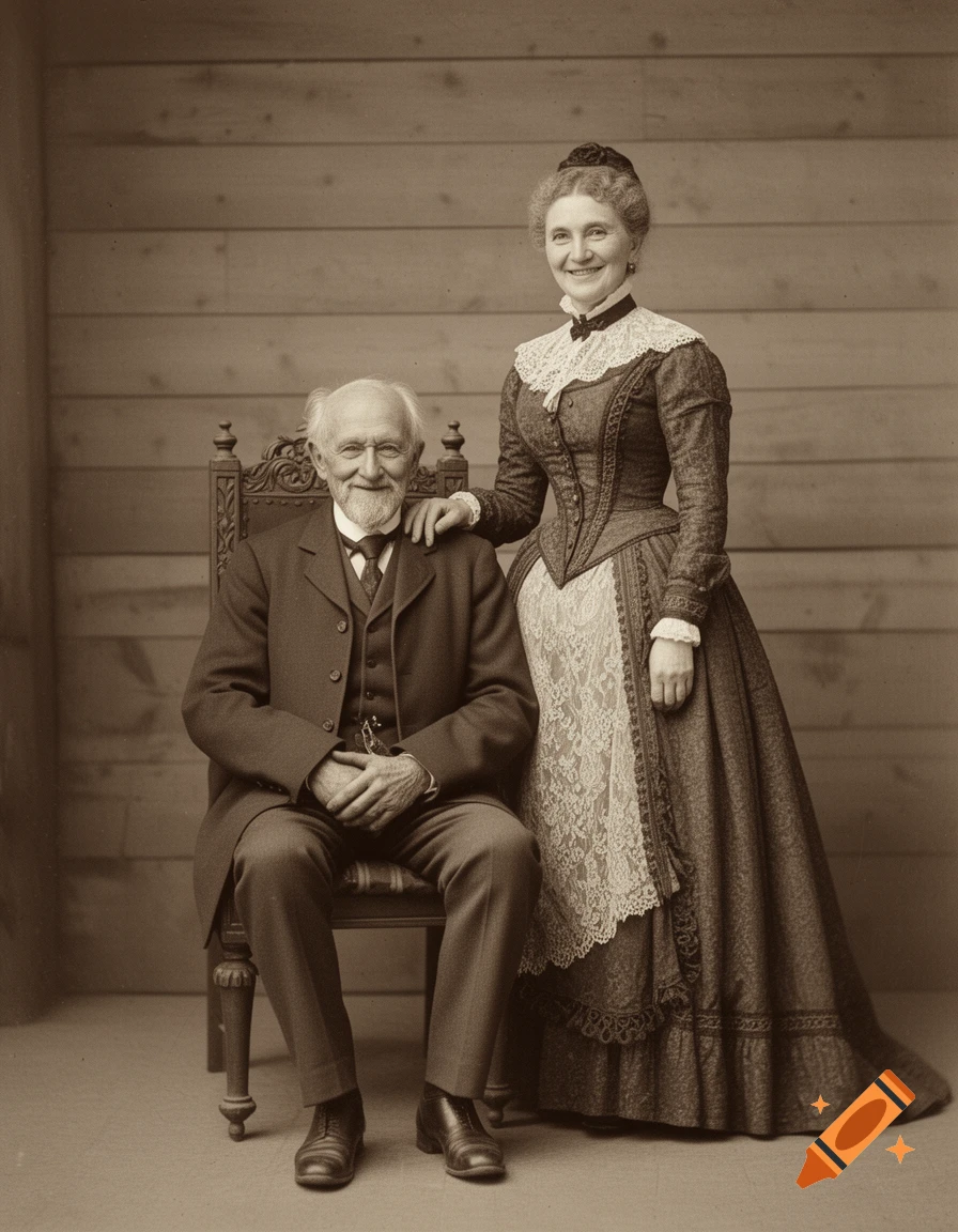 Sepia vintage photograph of an elderly Victorian couple in formal attire, man sitting and woman standing next to him, smiling in a rustic studio.