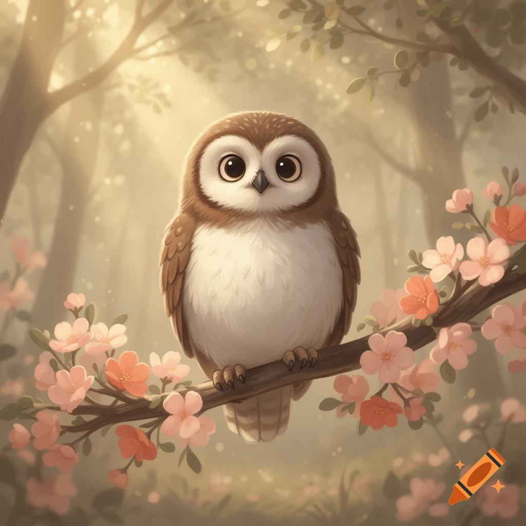 A cute brown and white cartoon owl with big eyes perches on a cherry blossom branch in a dreamy, sunlit forest.