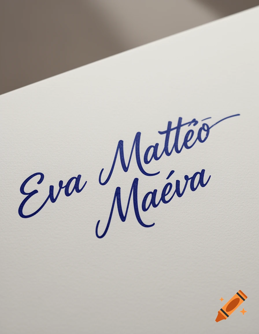 Blue cursive script of names 'Eva Matt Géo Ma Géva' on a white textured surface.