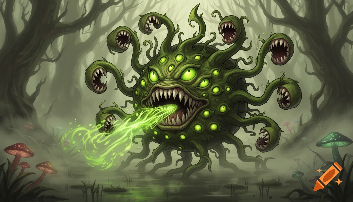 Stylized green tentacled monster with many eyes, resembling a Malboro, spewing green fluid in a foggy swamp forest.