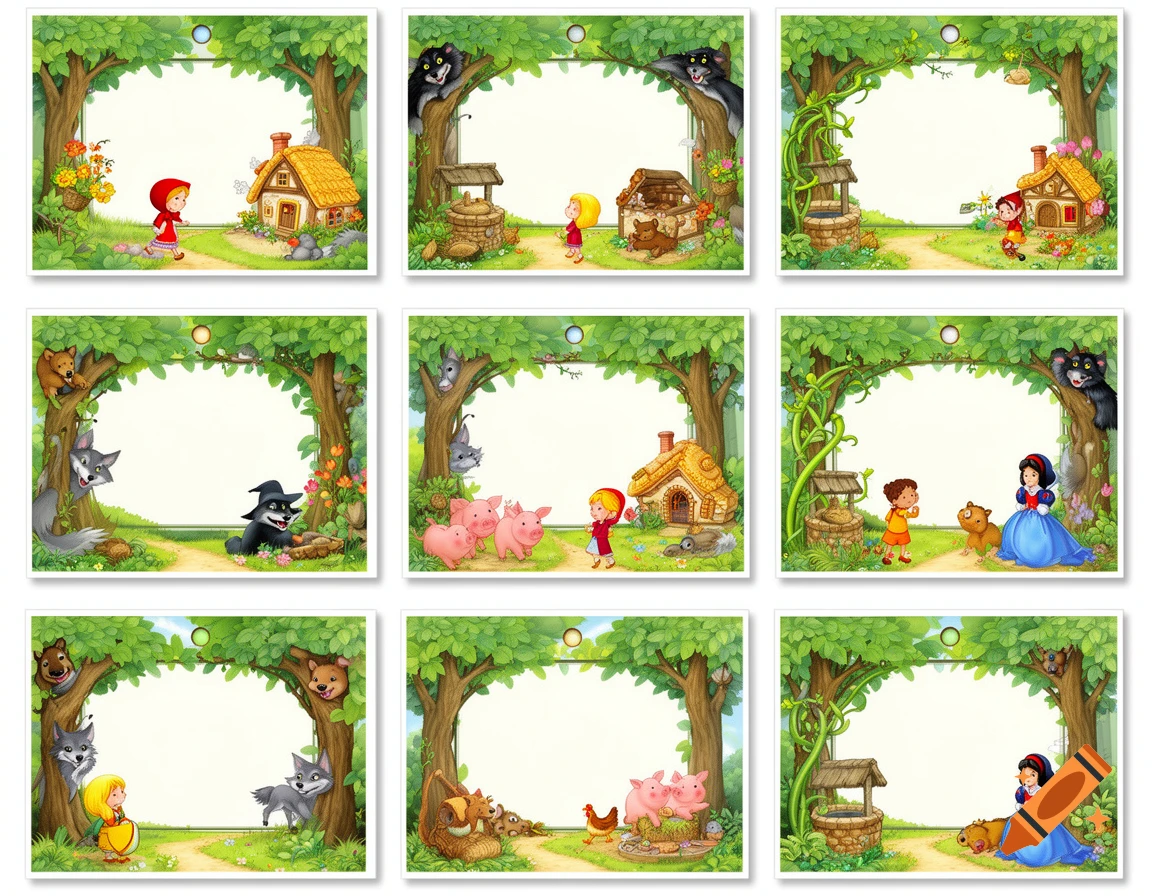 A grid of nine colorful storybook illustrations, each featuring a forest frame with a blank white space in the center, depicting scenes from traditional fairy tales like Little Red Riding Hood, the Three Little Pigs, and Snow White.
