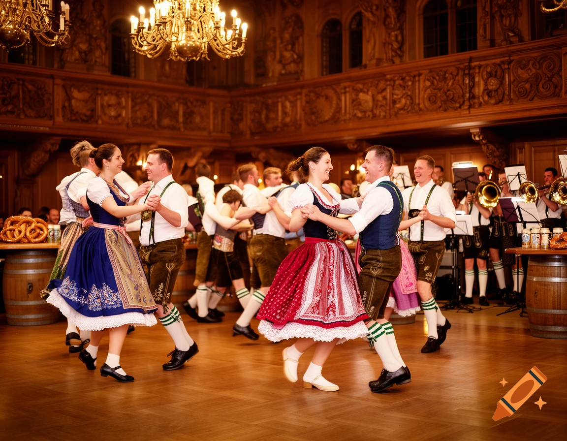 Couples in traditional Bavarian dirndls and lederhosen folk dancing in an ornate hall with a band playing.