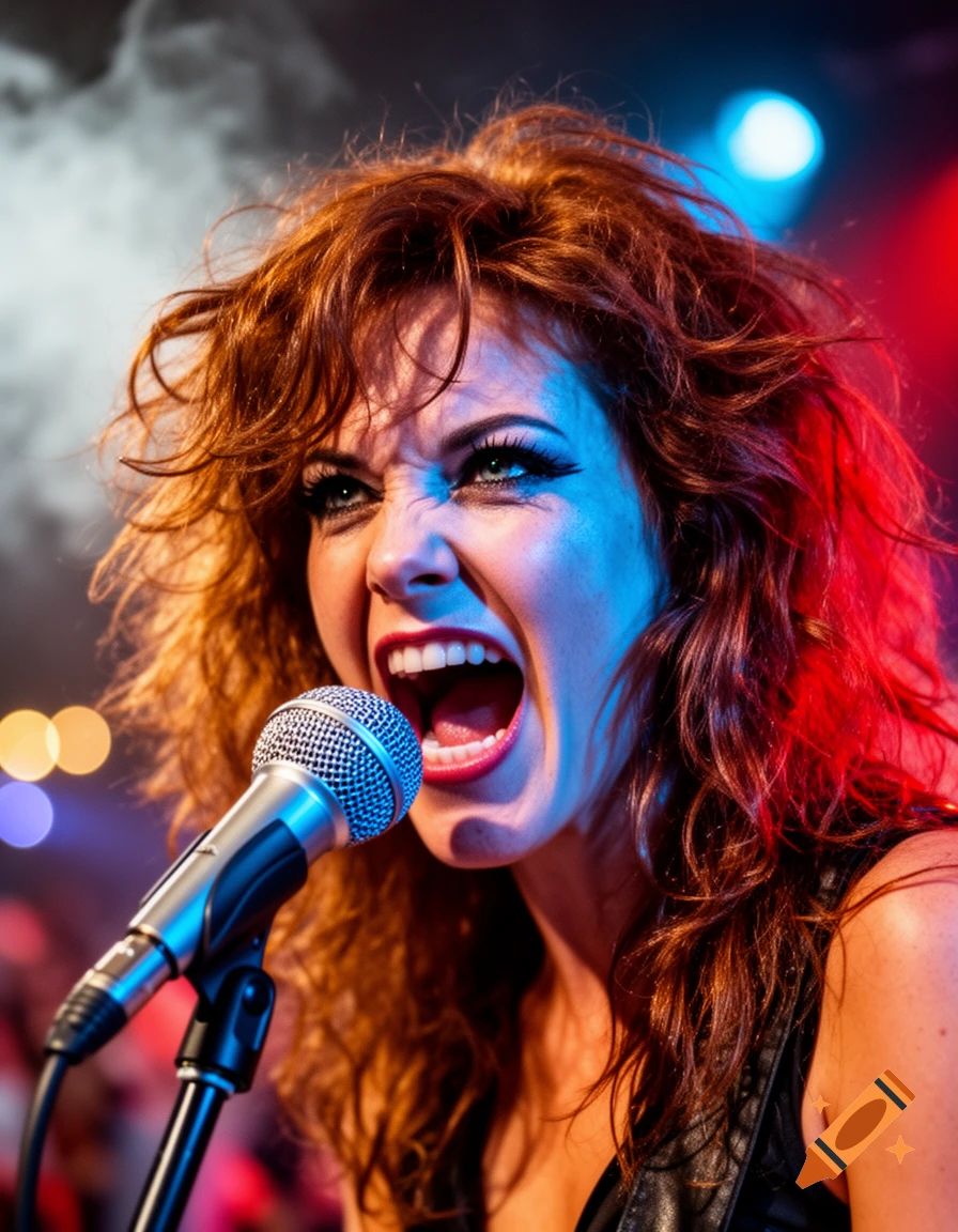 Close-up of a red-haired female rock singer screaming into a microphone under red and blue stage lights.