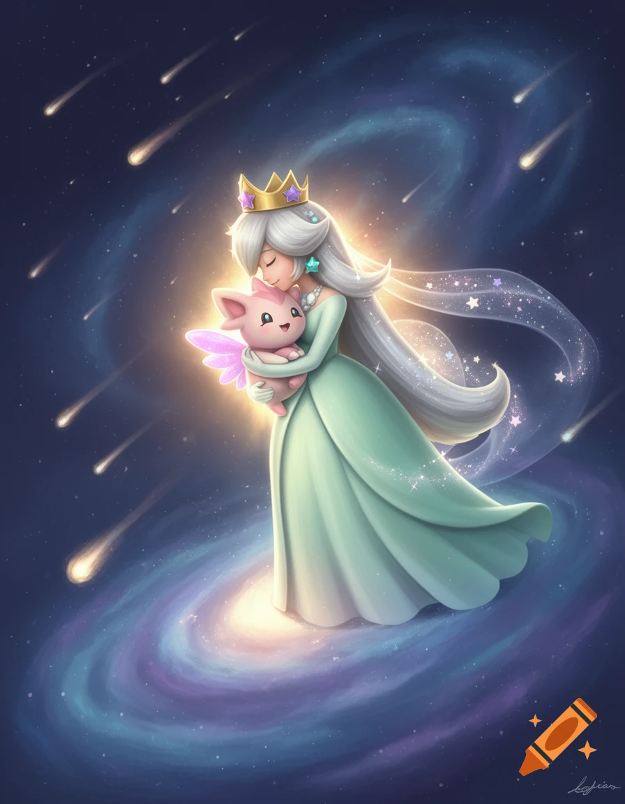 Princess Rosalina holds a Cleffa in a starry galaxy with shooting stars, digital art style.