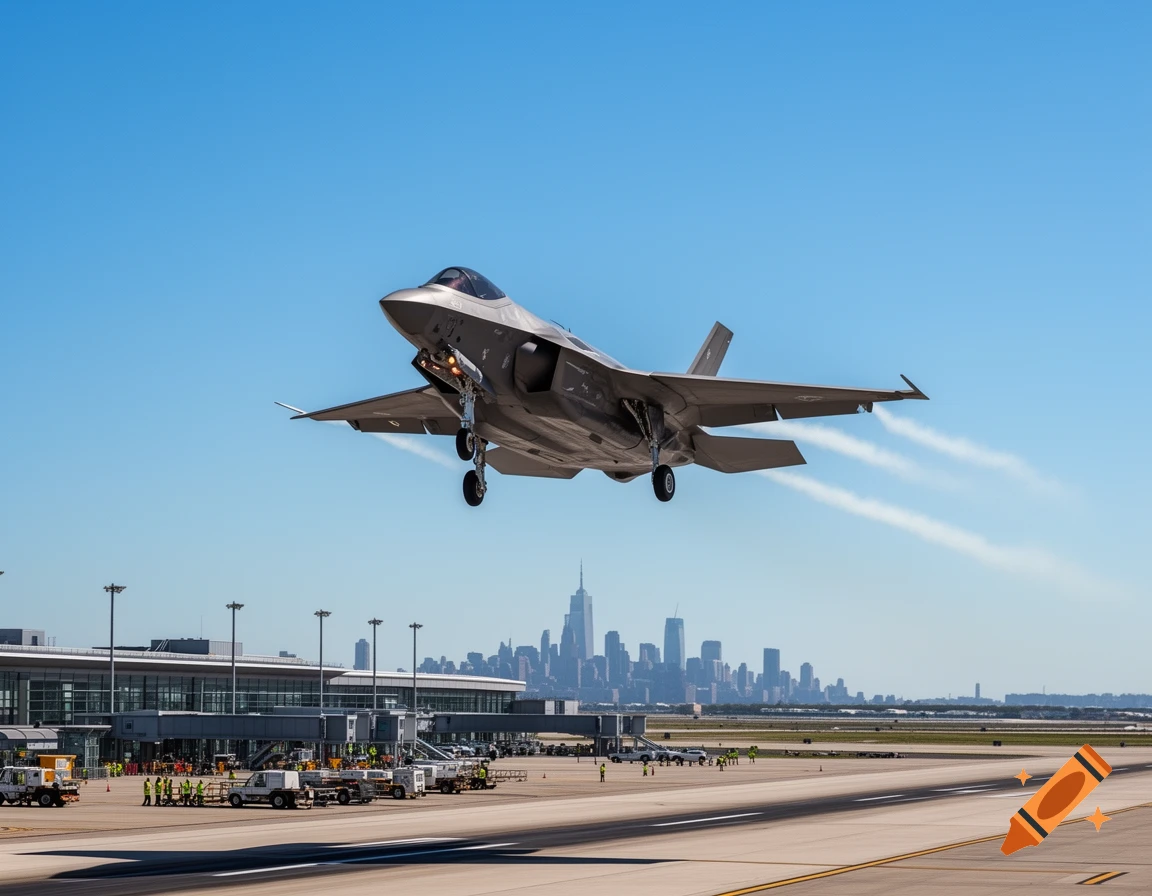 A grey fighter jet takes off from an airport runway, with a distant city skyline under a clear blue sky.