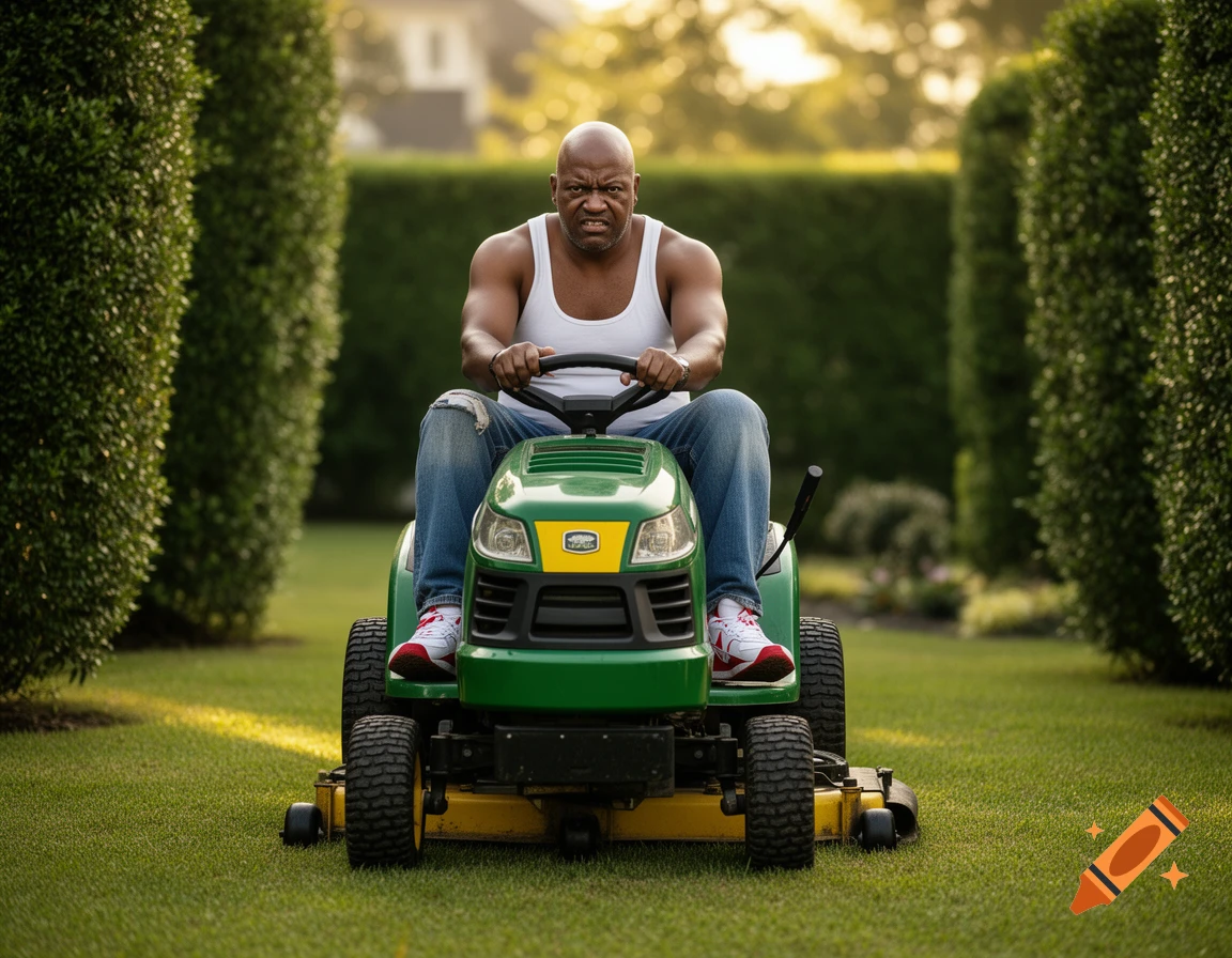 An angry, bald black man in a white tank top and jeans rides a green and yellow lawnmower on a sunny lawn, between tall hedges.