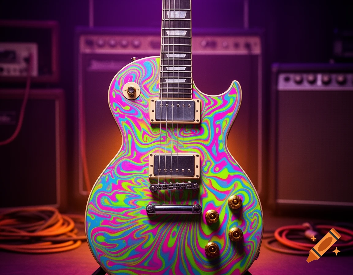 A vibrant psychedelic electric guitar with a swirl of neon pink, green, and blue, standing in a music studio with amplifiers in the background.