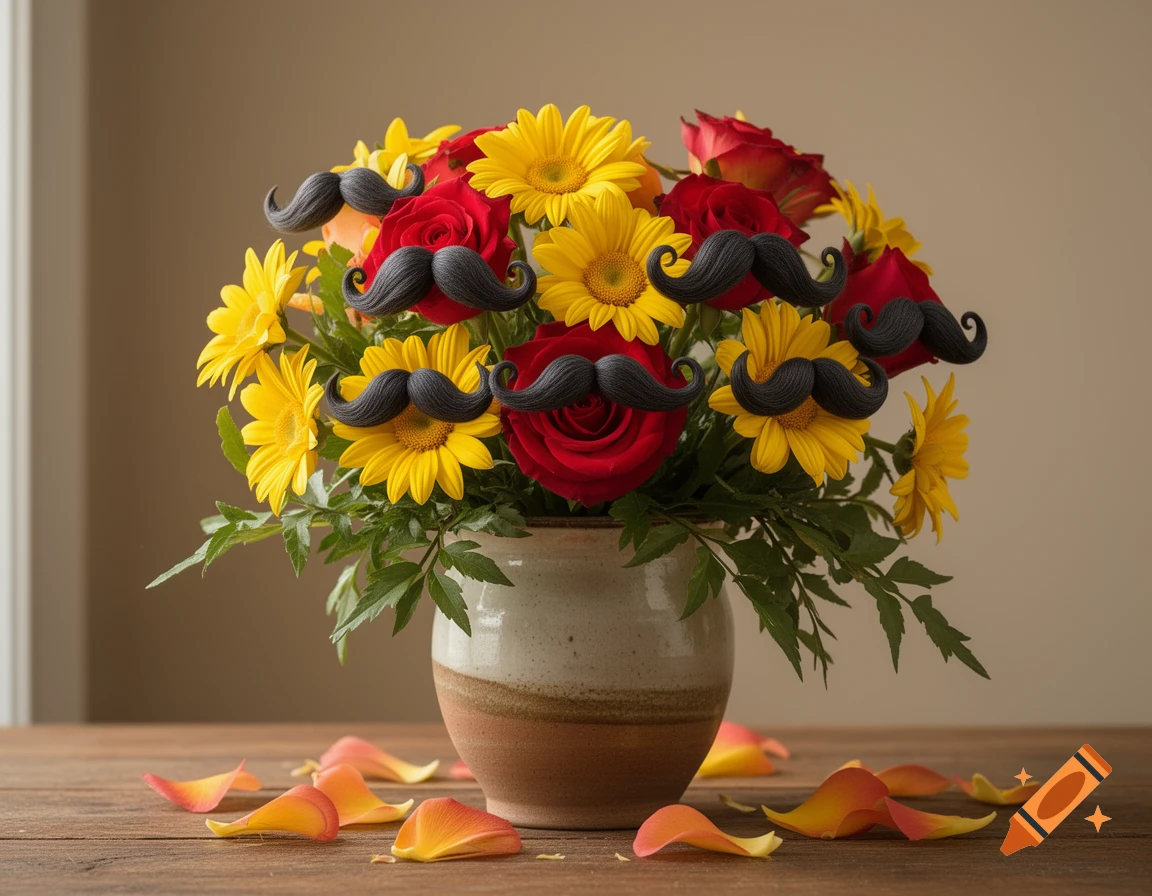 A ceramic vase holds a bouquet of red roses and yellow daisies, each adorned with a black mustache, on a wooden table with scattered petals.