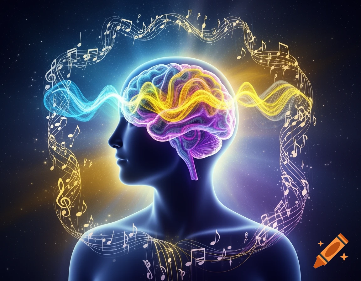 Stylized silhouette of a person's head with a glowing, colorful brain, emanating wavy energy and musical notes against a starry background.