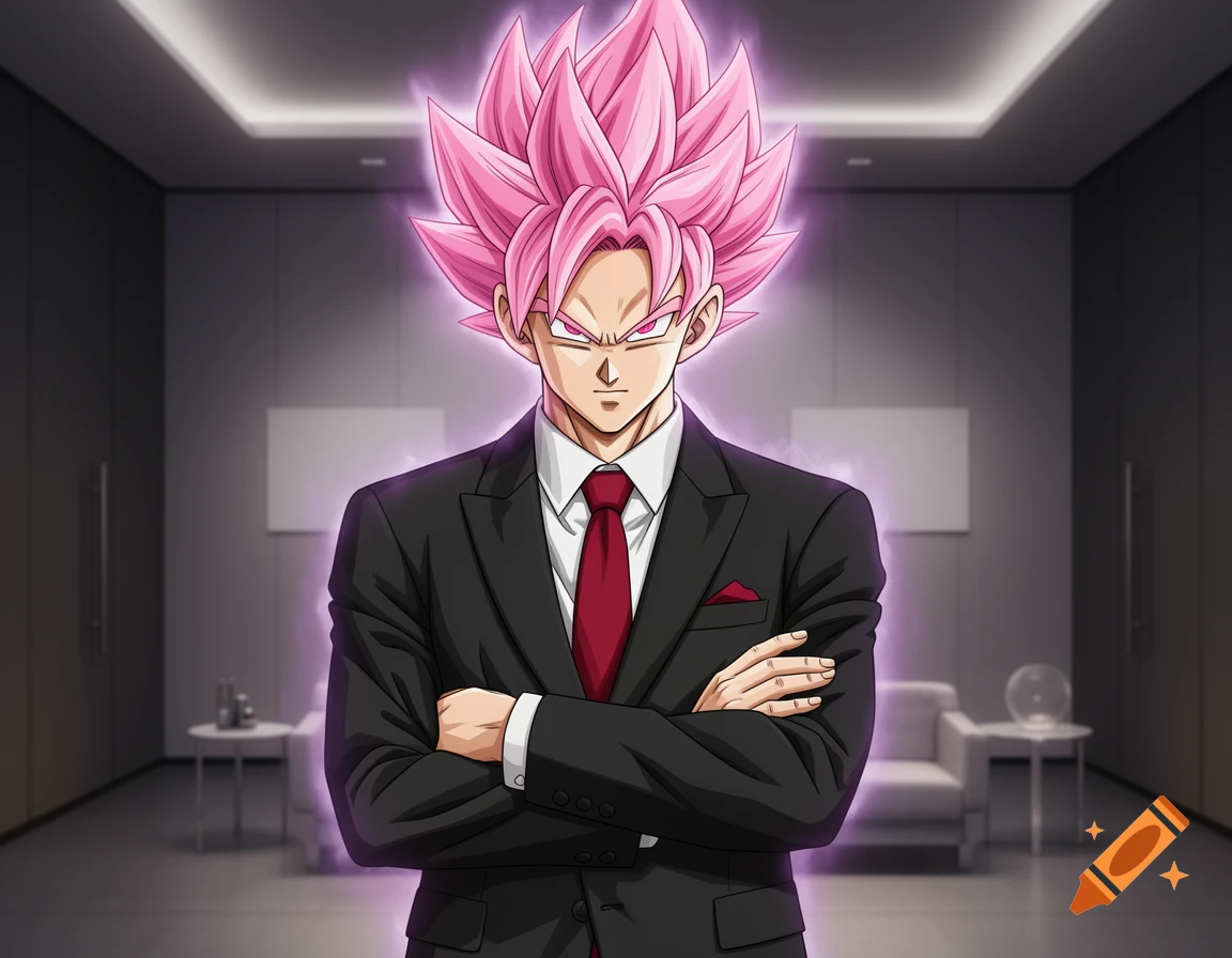 Super Saiyan Rose Goku Black in a black suit and red tie, arms crossed, in a modern office, anime style.
