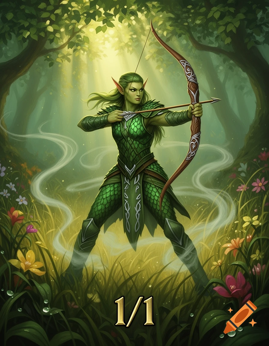 A green-skinned elf warrior in green armor, holding a bow and arrow, stands in a magical forest. The numbers "1/1" are at the bottom.