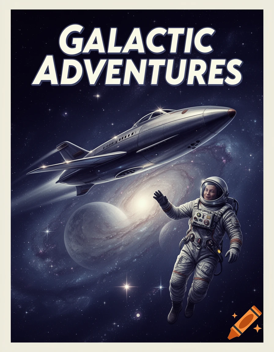 Retro sci-fi poster with 'GALACTIC ADVENTURES' text, an astronaut floating, and a silver spaceship in space.