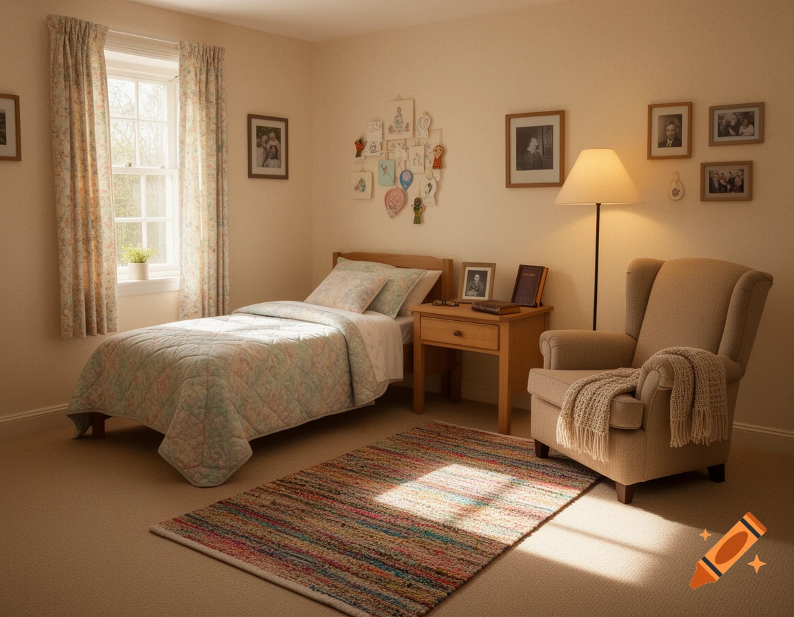 A cozy, sunlit bedroom with a single bed, a patterned quilt, floral curtains, a bedside table with books, an armchair with a blanket, a colorful rug, and framed photos on cream walls.