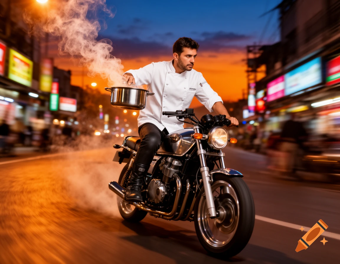 A chef in white uniform rides a motorcycle down a blurred city street at dusk, holding a steaming pot. Photorealistic style.